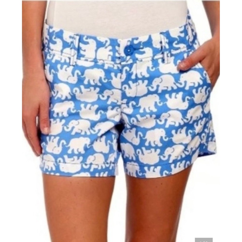 Lilly Pulitzer Callahan Shorts Blue White Elephant Print Cotton Size 00 32376